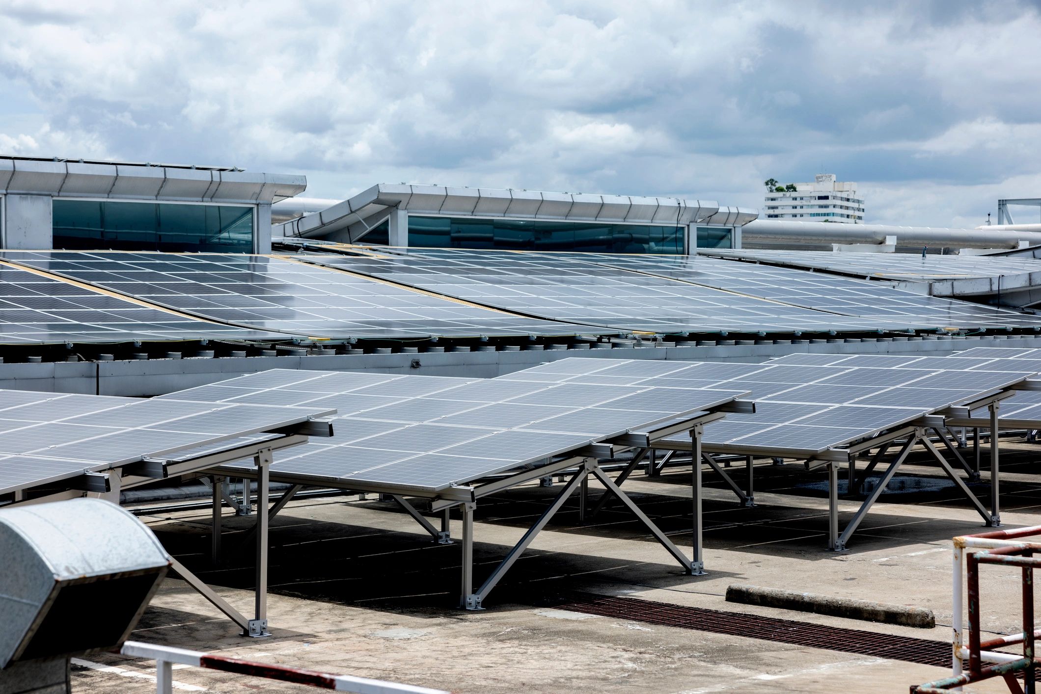 Rooftop solar panels on a building